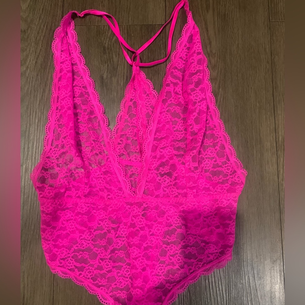 Victoria secret Hot pink lace bodysuit deep v neck